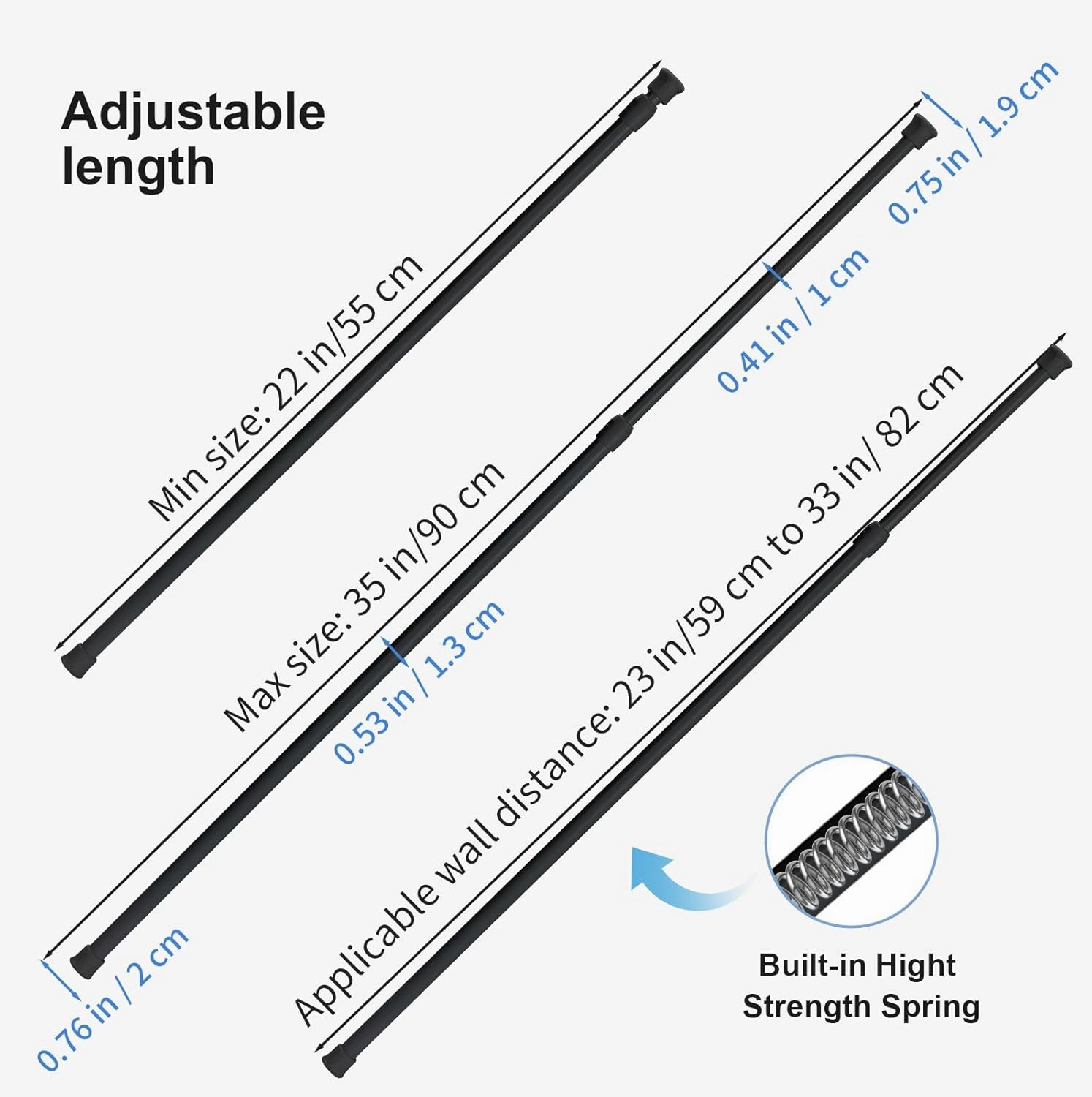 6Pcs Tension Rod, Goowin Tension Curtain Rod, No Drilling Rustproof Spring Small Tension Rod, Adjustable Tension Rods for Closet, Kitchen, Cupboard, Wardrobe, Bookshelf (Black, 22-35 inch)