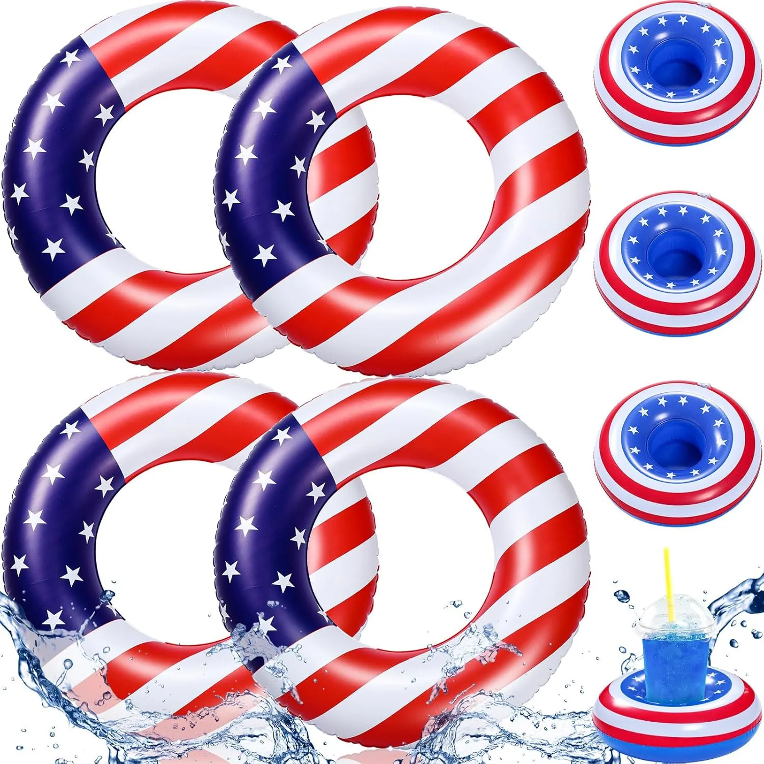 8 Pcs Inflatable USA Pool Float Set Include 4 Pcs 35.4 Inch American Flag Pool Float 4 Pcs Patriotic Inflatable Drink Holders 4th of July Swim Ring Independence Day Pool Summer Beach Party