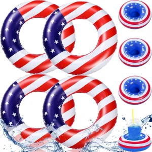 8 Pcs Inflatable USA Pool Float Set Include 4 Pcs 35.4 Inch American Flag Pool Float 4 Pcs Patriotic Inflatable Drink Holders 4th of July Swim Ring Independence Day Pool Summer Beach Party