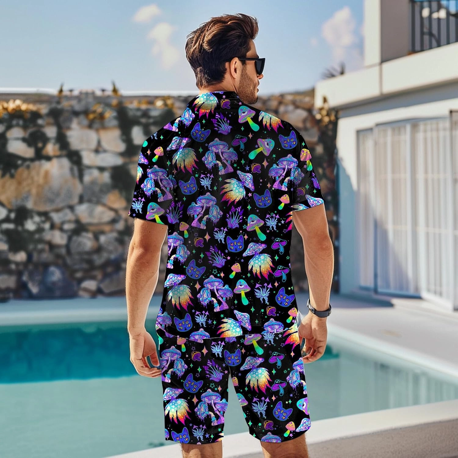 80s 90s Men's Hawaiian Outfits 2 Piece Shirt and Shorts Sets Button Down Beach Suits Disco Party