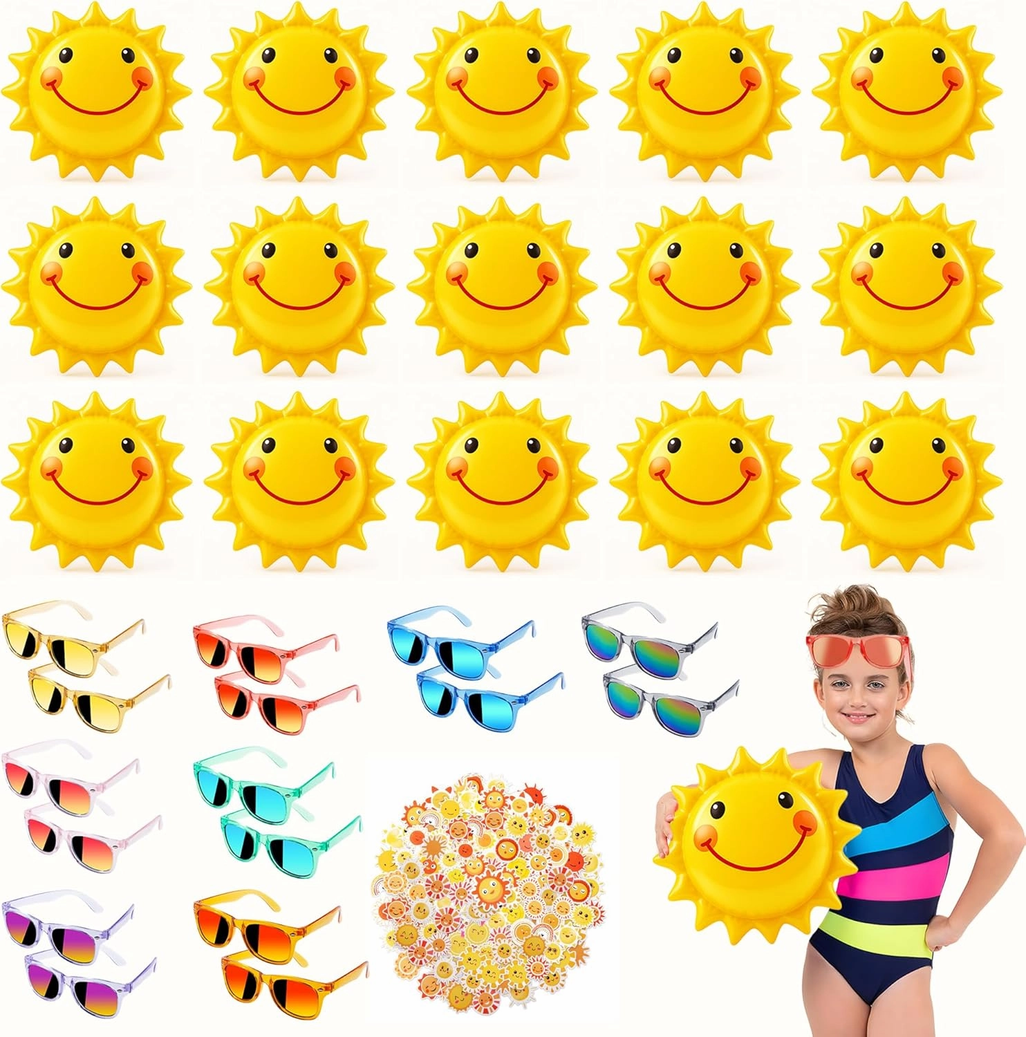 82 Pcs Summer Beach Party Favors, Pool Party Decorations Supplies, Beach Toys Including Sun Inflatable Beach Balls, Kids Sunglasses, Sunshine Stickers for Summer Beach Pool Birthday Party