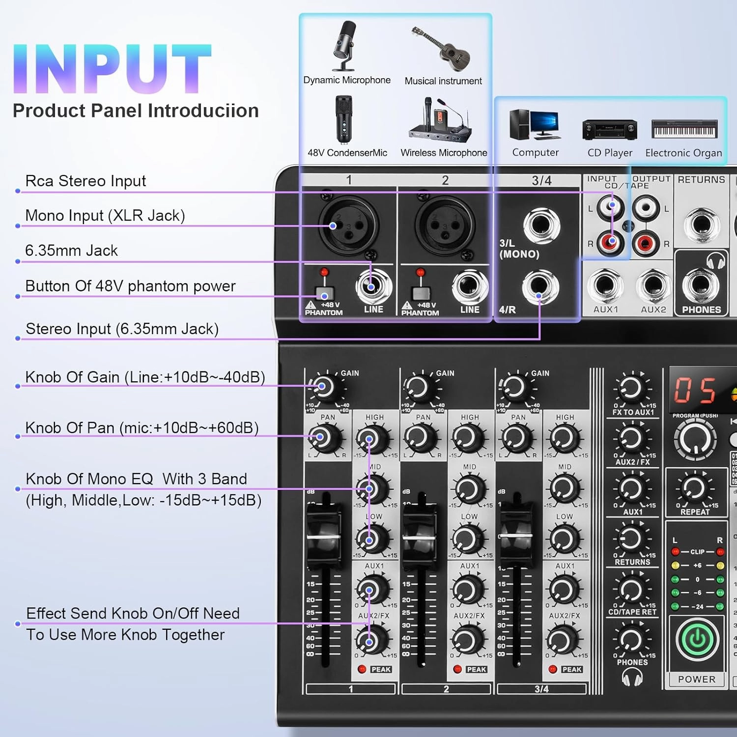 8 Channel Audio Mixer DJ Mixer Sound Board Console 16 Dsp USB Audio Interface MP3 Input  48V Phantom Bluetooth Studio Mixer Audio For Karaoke Streaming Recording