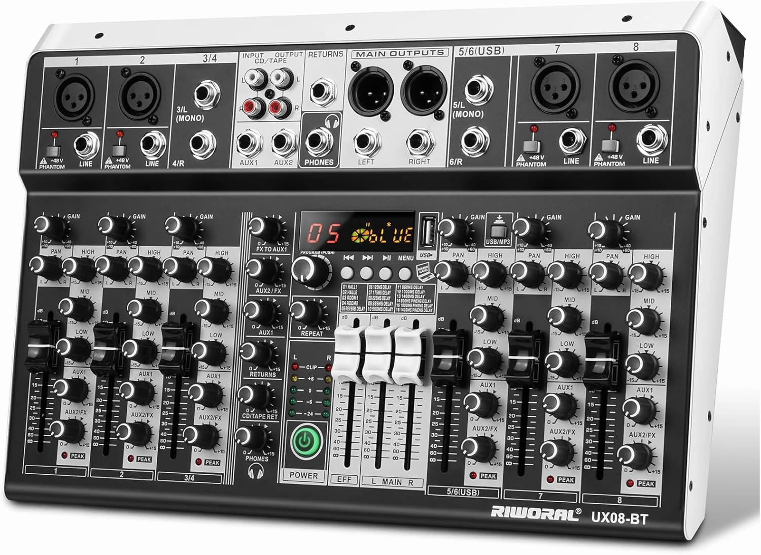 8 Channel Audio Mixer DJ Mixer Sound Board Console 16 Dsp USB Audio Interface MP3 Input  48V Phantom Bluetooth Studio Mixer Audio For Karaoke Streaming Recording