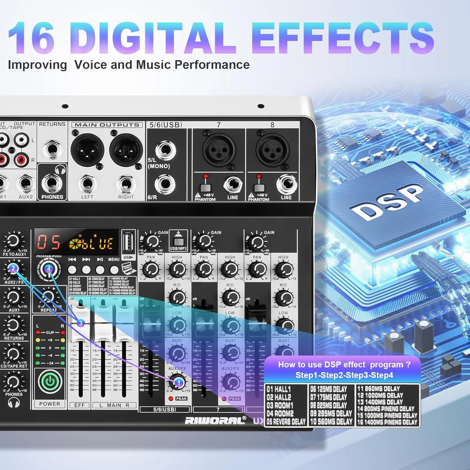 8 Channel Audio Mixer DJ Mixer Sound Board Console 16 Dsp USB Audio Interface MP3 Input  48V Phantom Bluetooth Studio Mixer Audio For Karaoke Streaming Recording