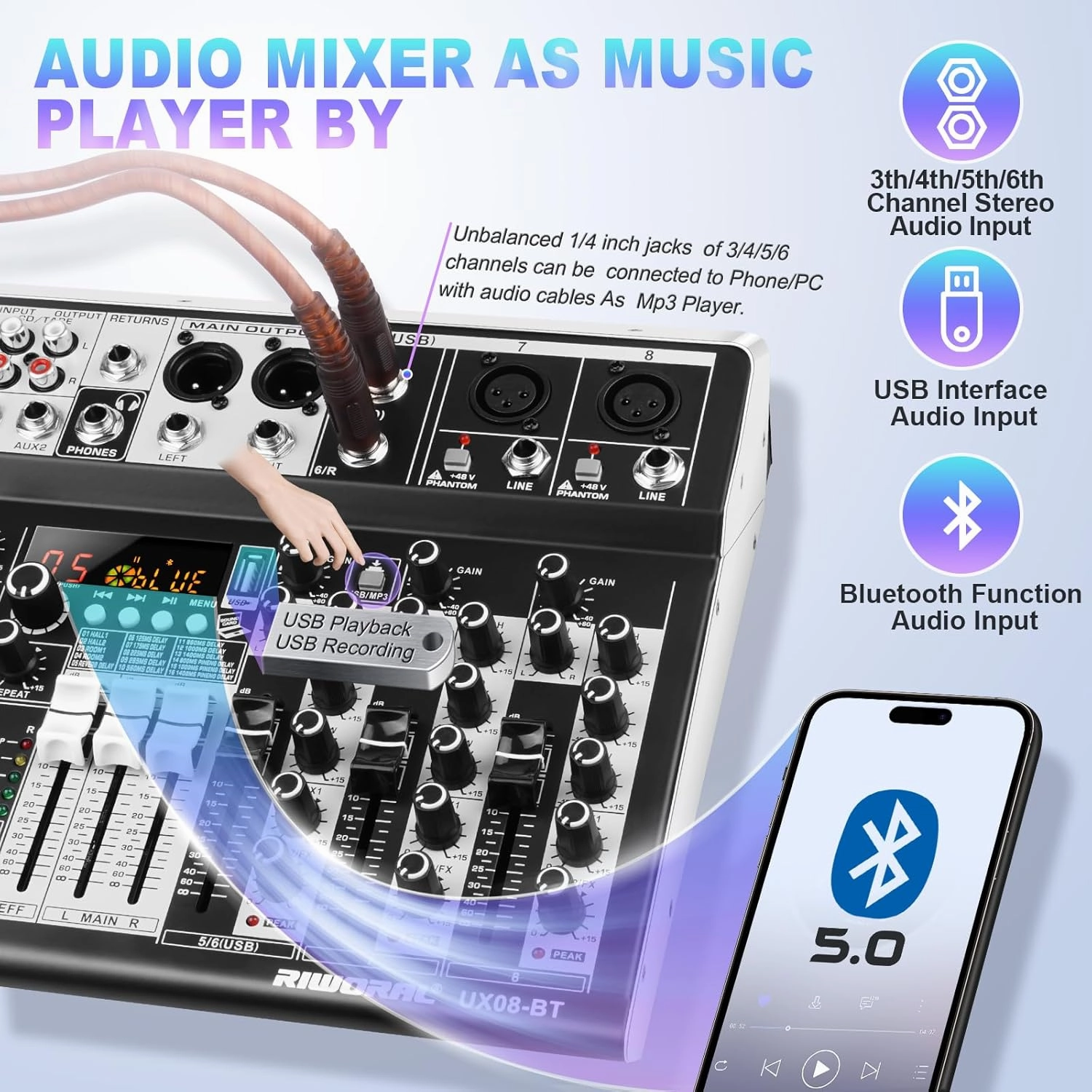 8 Channel Audio Mixer DJ Mixer Sound Board Console 16 Dsp USB Audio Interface MP3 Input  48V Phantom Bluetooth Studio Mixer Audio For Karaoke Streaming Recording