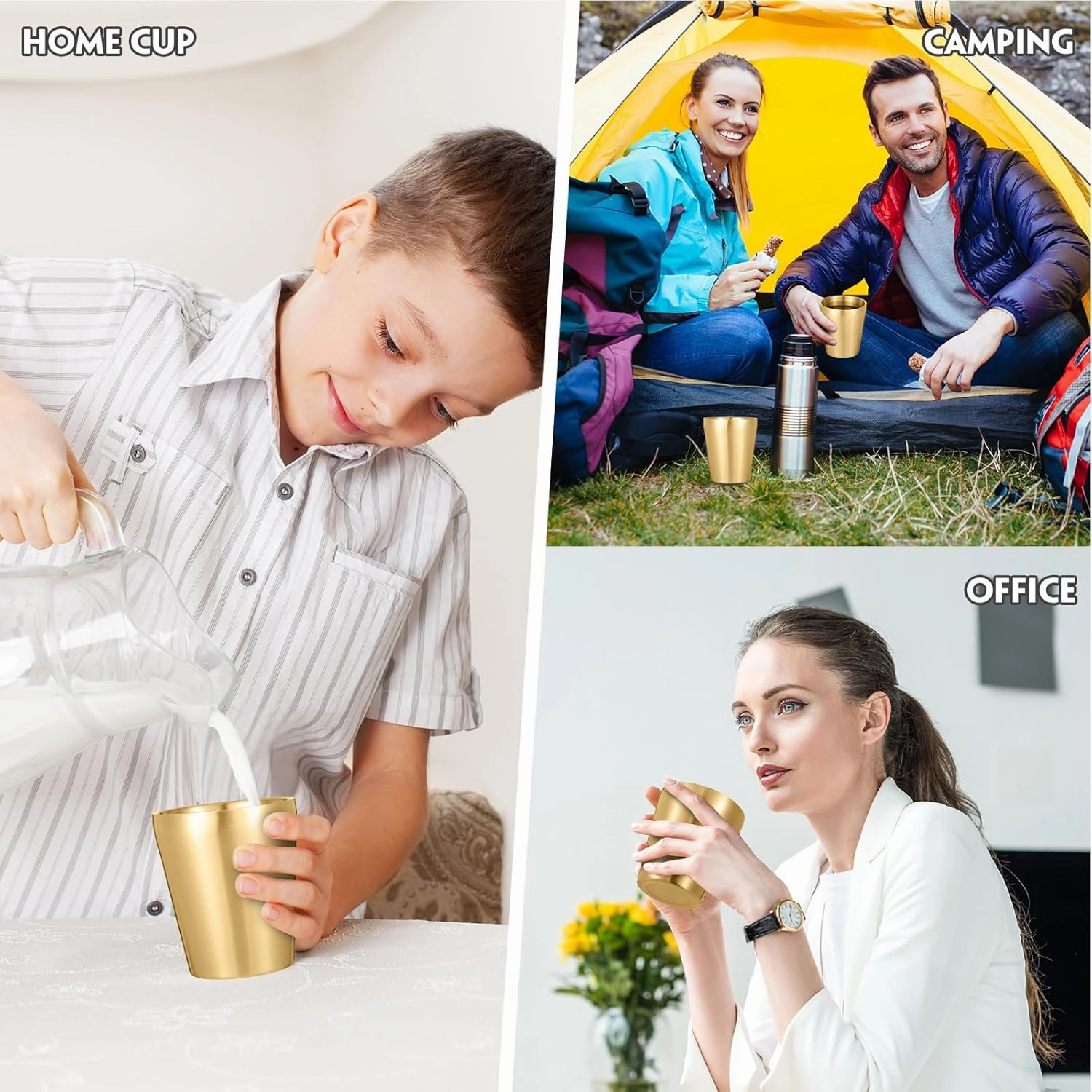 8 Pack Stainless Steel Insulated Cup Metal Tumbler Double Wall Vacuum Water Glasses Camping Reusable Mugs Bbq Home Office Party Coffee (Gold,10 oz)