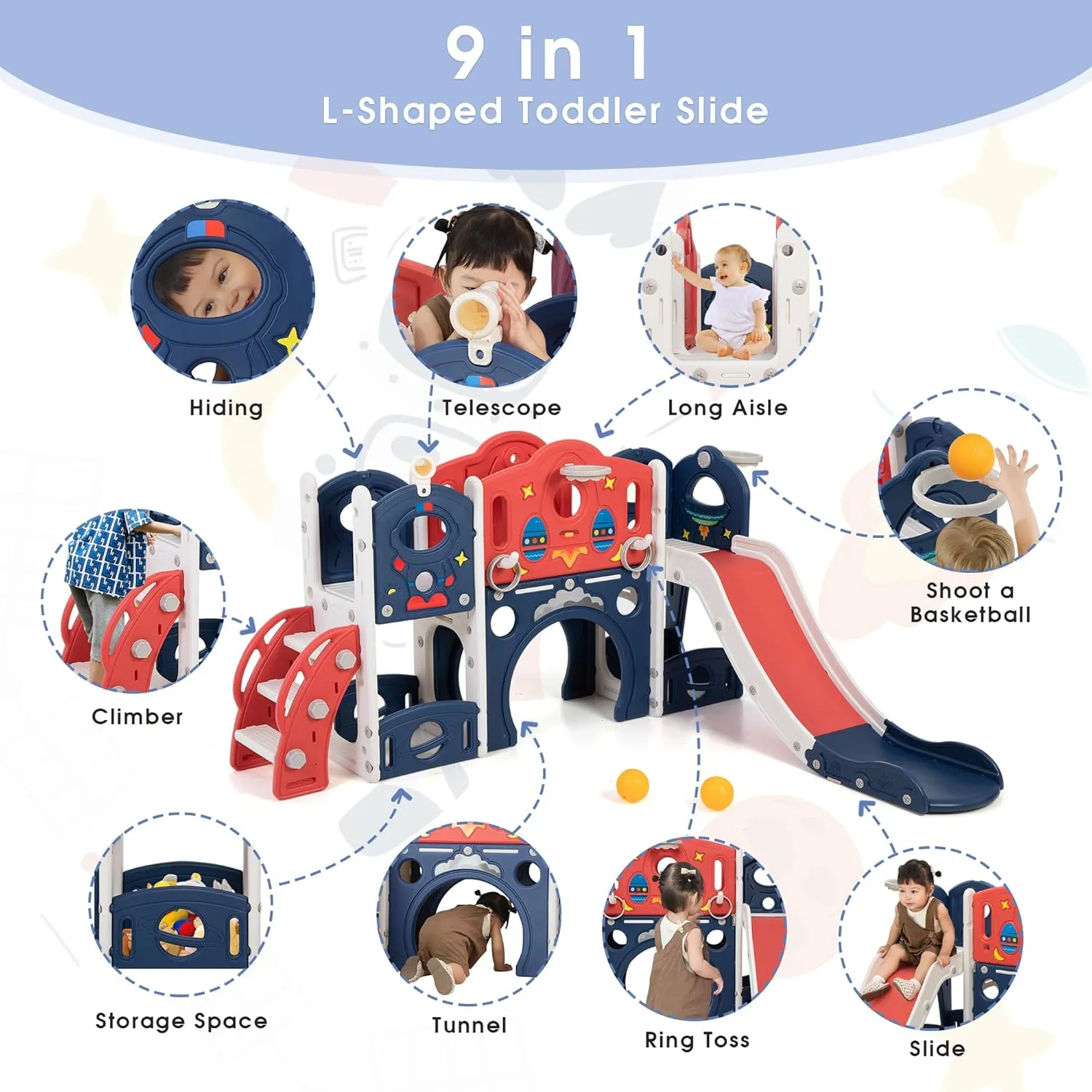 9 in 1 Toddler Slide and Climber Playset Indoor Outdoor Playground Kids Slide with Basketball Hoop,Telescope, Ring Toss, Storage Space, Freestanding Backyard Slide for Children Age 1-6