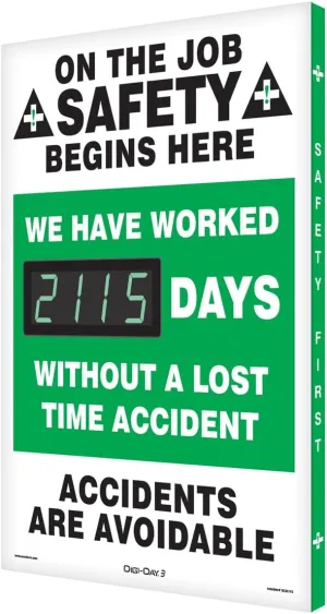 Accuform SCK115 Aluminum Digi-Day Electronic Scoreboard, "ON THE JOB SAFETY BEGINS HERE - WE HAVE WORKED #### DAYS WITHOUT A LOST TIME ACCIDENT - ACCIDENTS ARE AVOIDABLE"
