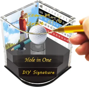 Acrylic Golf Ball Display Case - 2 Layer for Hole in One Holder with Scorecard/Picture Frame & Golf Pencil Holder Golden Felt - Tip Pen