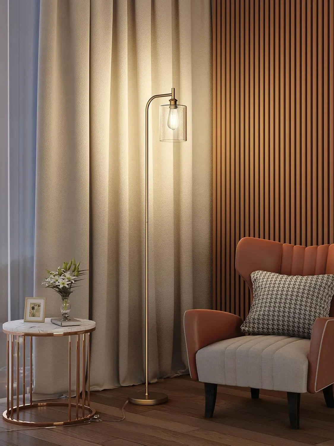 addlon Floor Lamps for Living Room Bright Lighting with Seeded Glass lampshade, Modern Bright Floor Lamp with LED Bulbs Industrial Standing lamp for beroom, Tall Pole Lamps Office - Brass Gold