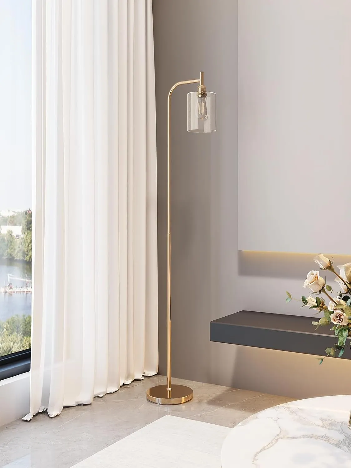 addlon Floor Lamps for Living Room Bright Lighting with Seeded Glass lampshade, Modern Bright Floor Lamp with LED Bulbs Industrial Standing lamp for beroom, Tall Pole Lamps Office - Brass Gold