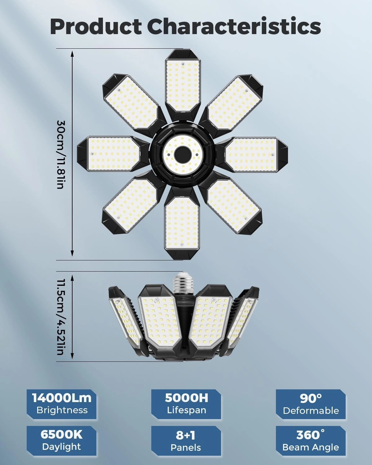Adiding LED Garage Ceiling Lights 14000Lm w/ 8 Adjustable Panels, Super Bright Deformable Basement Light Bulb Fixture Screw in E26 Bulbs Socket for Indoor Shop, Workshop, Attic, Barn, Bay, Home Gym