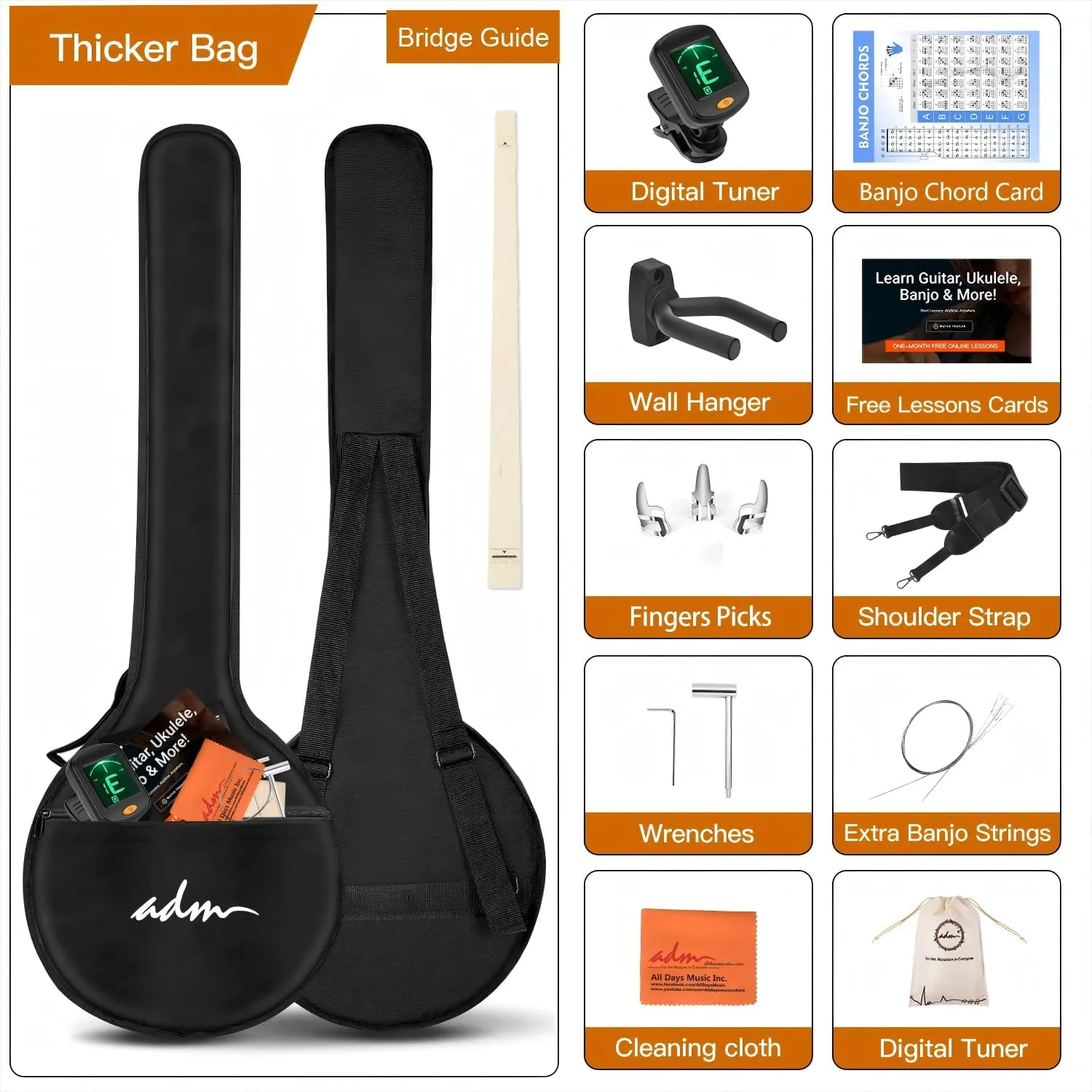ADM Banjo 5 String Full Size Acoustic Electric Banjoes Set Remo Drum, Geared 5th Pegs Beginner Banjo Kit w/EQ Resonator Open or Closed Back, Starter Package Accessories Online Lessons for Adult,Brown
