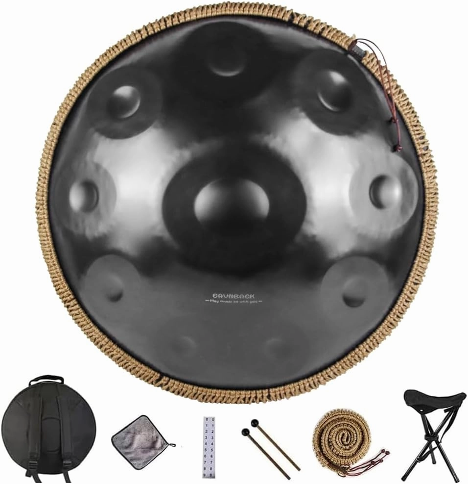 Advanced Adult Handpan - 22-Inch 10-Note 440Hz D Minor Kurd Steel Drum with Soft Bag, Mallets, Stand and Dust-Free Cloth (Black)