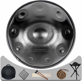 Advanced Adult Handpan - 22-Inch 10-Note 440Hz D Minor Kurd Steel Drum with Soft Bag, Mallets, Stand and Dust-Free Cloth (Black)