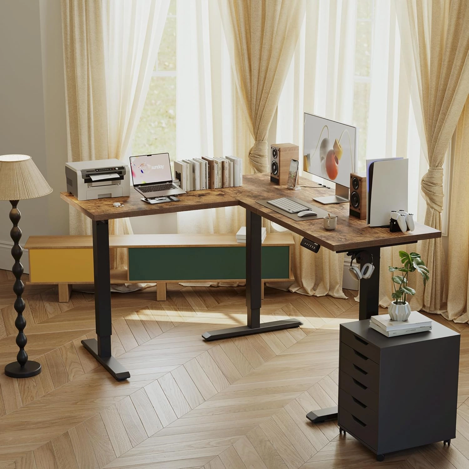 Agilestic 59 Inch L Shaped Standing Desk Adjustable Height, Electric Corner Standing Desk, Sit Stand Computer Table with Splice Board, Rustic Brown