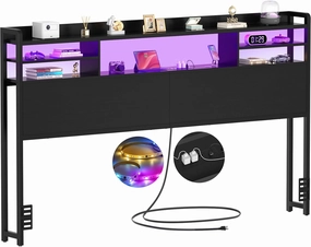 Aheaplus Headboard for King Size Bed with Storage, Headboards with LED Light, Power Outlets, USB Ports King Size Head Board, Wood headboard Only Sturdy and Stable Headboards, Modern, Black