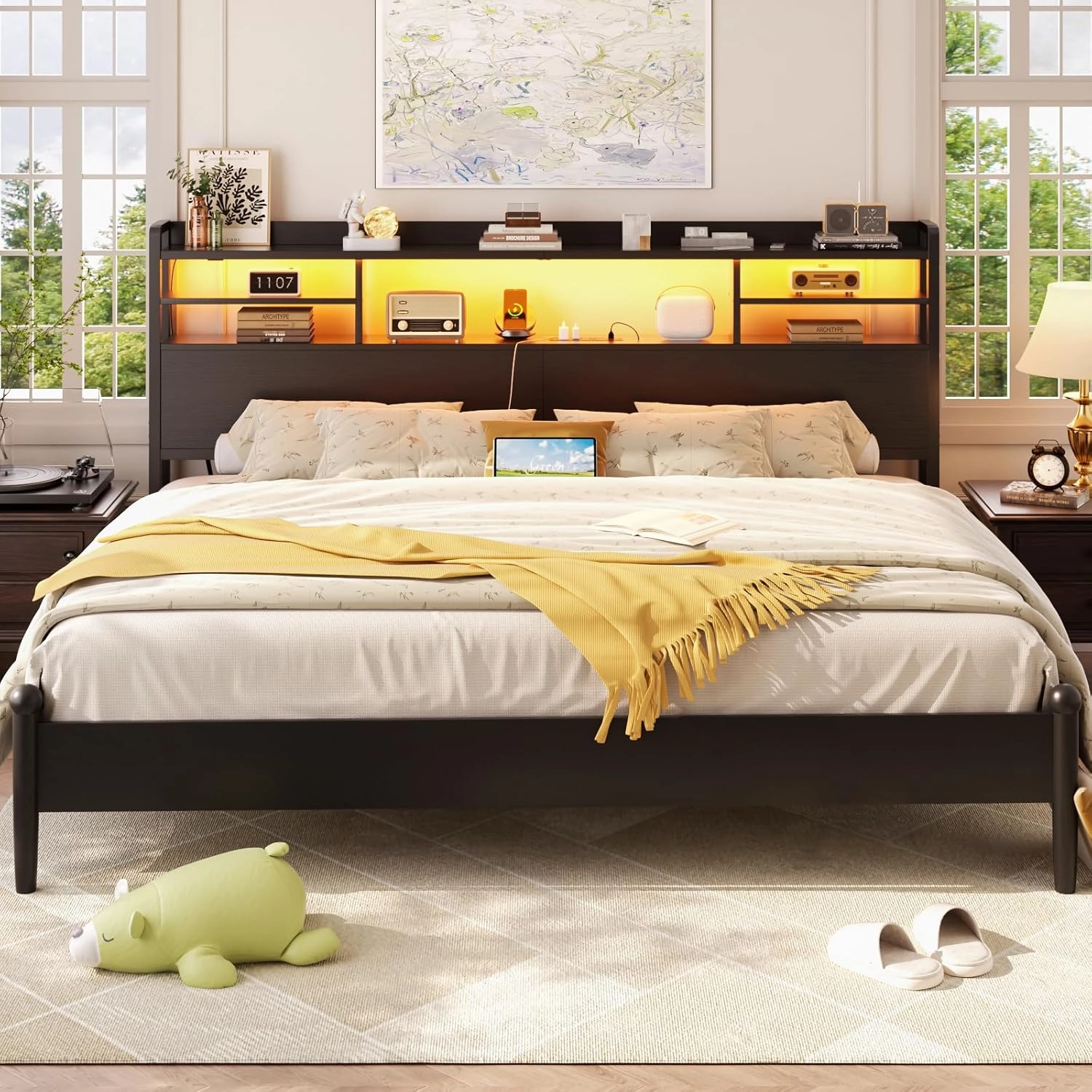 Aheaplus Headboard for King Size Bed with Storage, Headboards with LED Light, Power Outlets, USB Ports King Size Head Board, Wood headboard Only Sturdy and Stable Headboards, Modern, Black