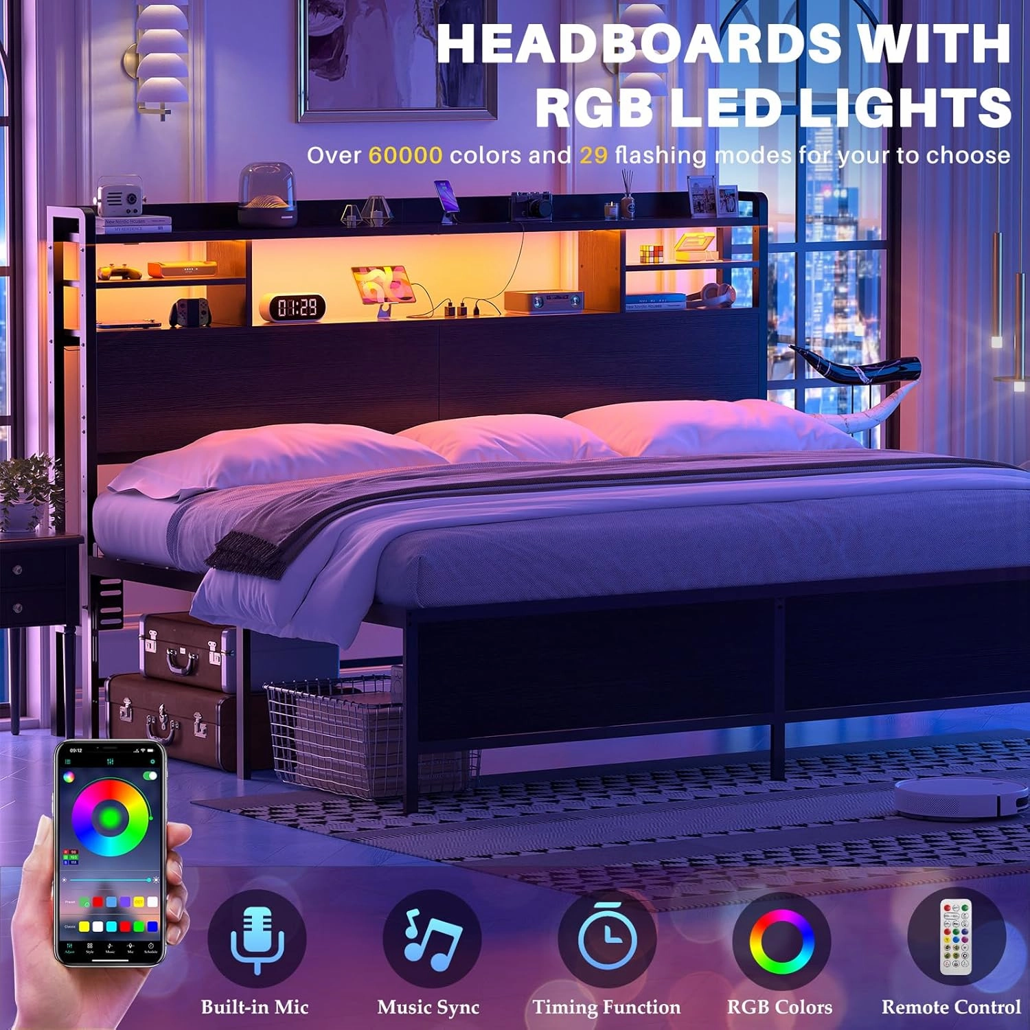 Aheaplus Headboard for King Size Bed with Storage, Headboards with LED Light, Power Outlets, USB Ports King Size Head Board, Wood headboard Only Sturdy and Stable Headboards, Modern, Black