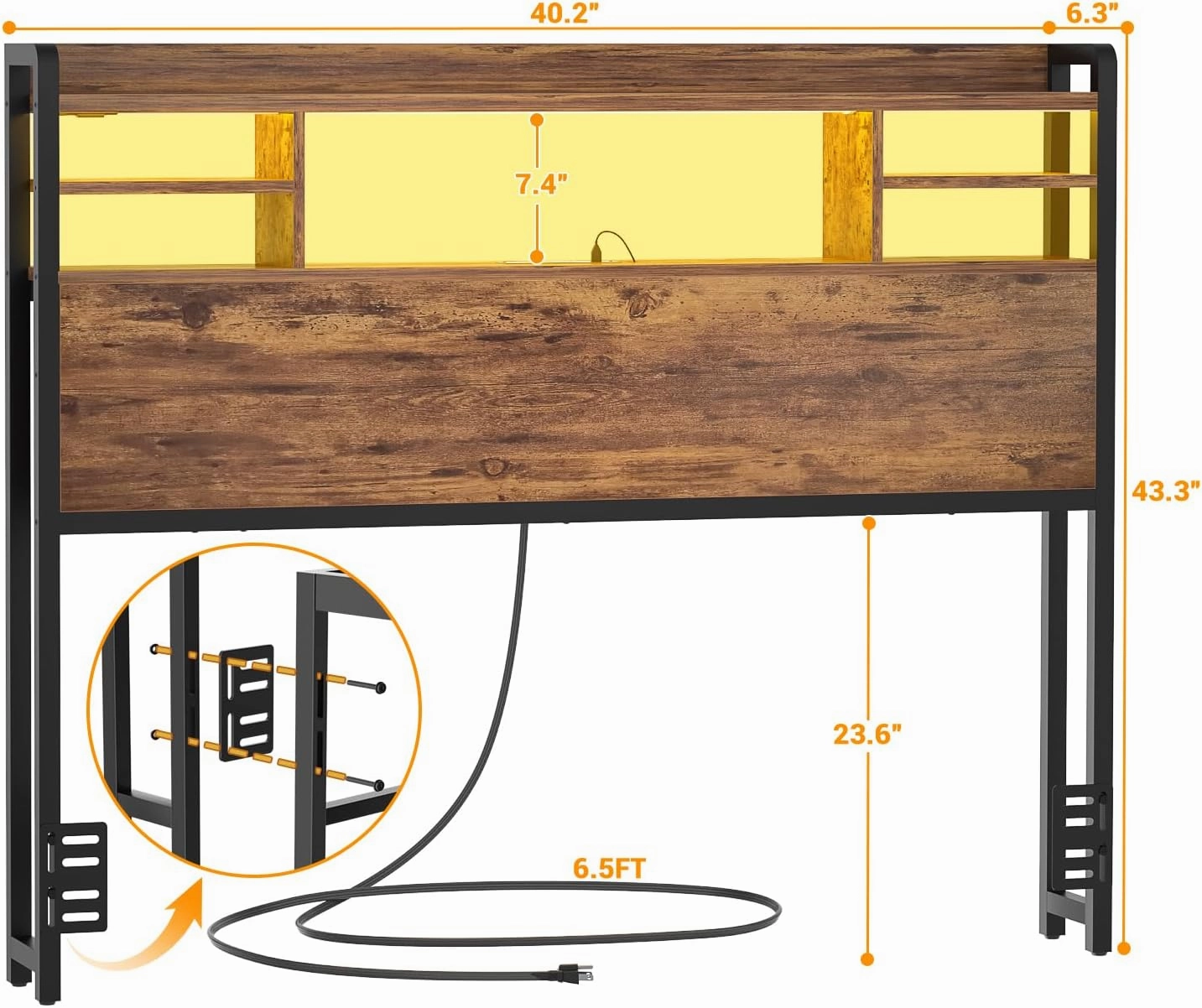 Aheaplus Headboard for Twin Size Bed with Storage, Headboards with LED Light, Power Outlets, USB Ports Twin Size Head Board, Wood headboard Only Sturdy and Stable Headboards, Rustic Brown