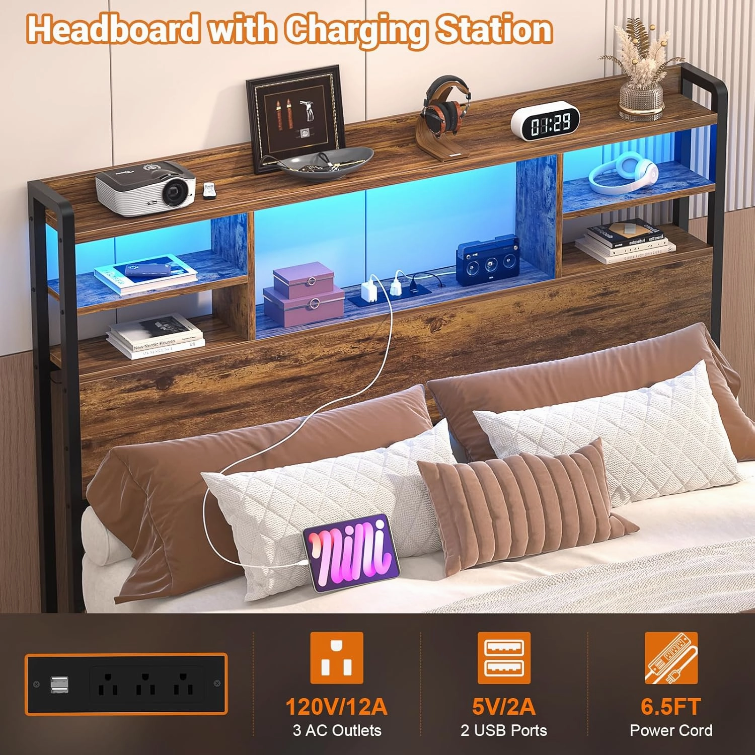 Aheaplus Headboard for Twin Size Bed with Storage, Headboards with LED Light, Power Outlets, USB Ports Twin Size Head Board, Wood headboard Only Sturdy and Stable Headboards, Rustic Brown