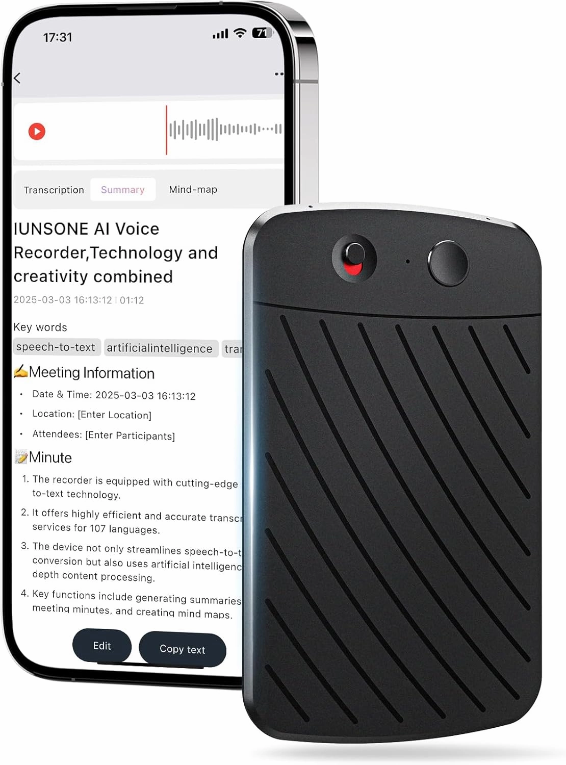 AI Voice Recorder,Note Voice Recorder with Transcribe Summarize ＆ Two-Way Translation,112 Languages,App Control,64GB Memory,Suitable for Lectures,Meetings,Calls,International Exchange