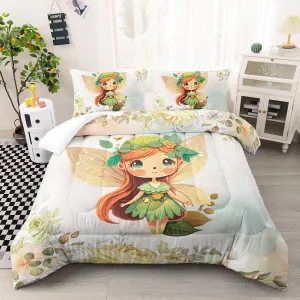 AILONEN Fairy Comforter Set Queen Size, Pretty Butterfly Bedding Set for Kids Boys Girls, Watercolor Nature Plant Flowers Bed in a Bag, Kawaii Duvet Set, 3 Pieces, 1 Quilt and 2 Pillowcases
