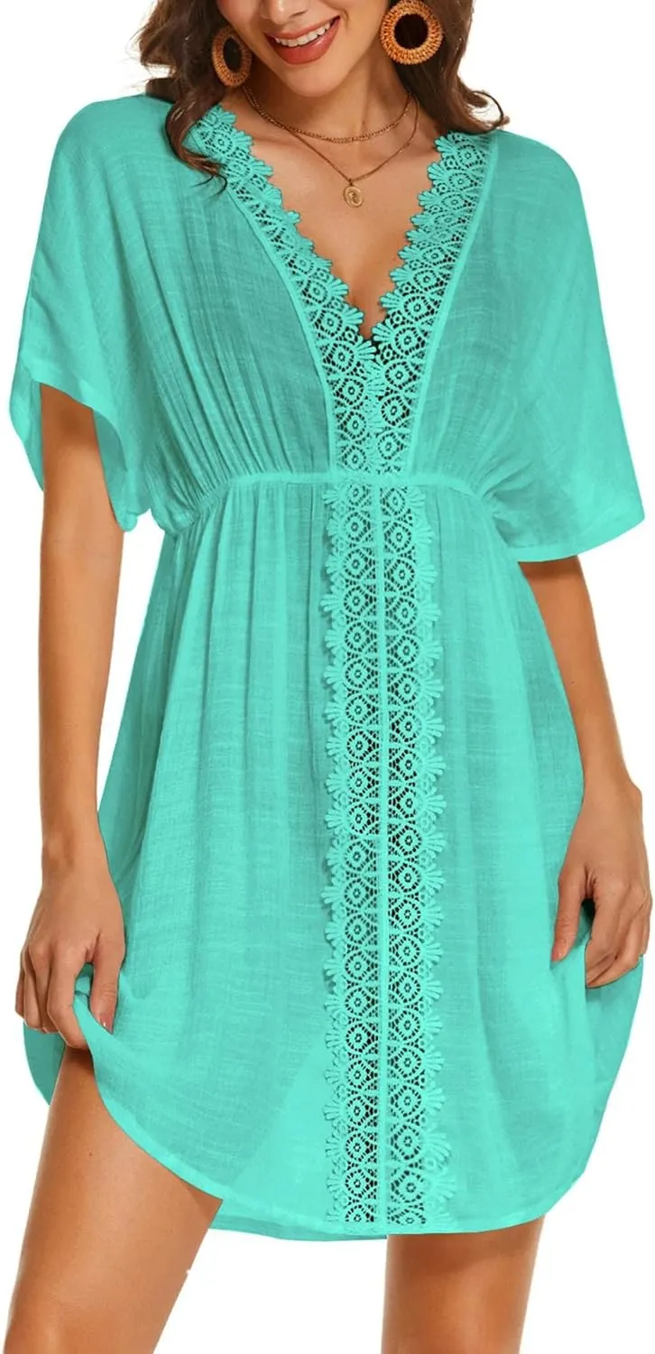 AI'MAGE Swimsuit Cover Ups Women's Bathing Suit V Neck Ruffle Sleeve Soft Coverups Dress S-XXL