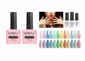 AIMEILI Summer Color Bright Pink Pastel Gel Nail Polish Color, Builder Base and No Wipe Top Coat Set