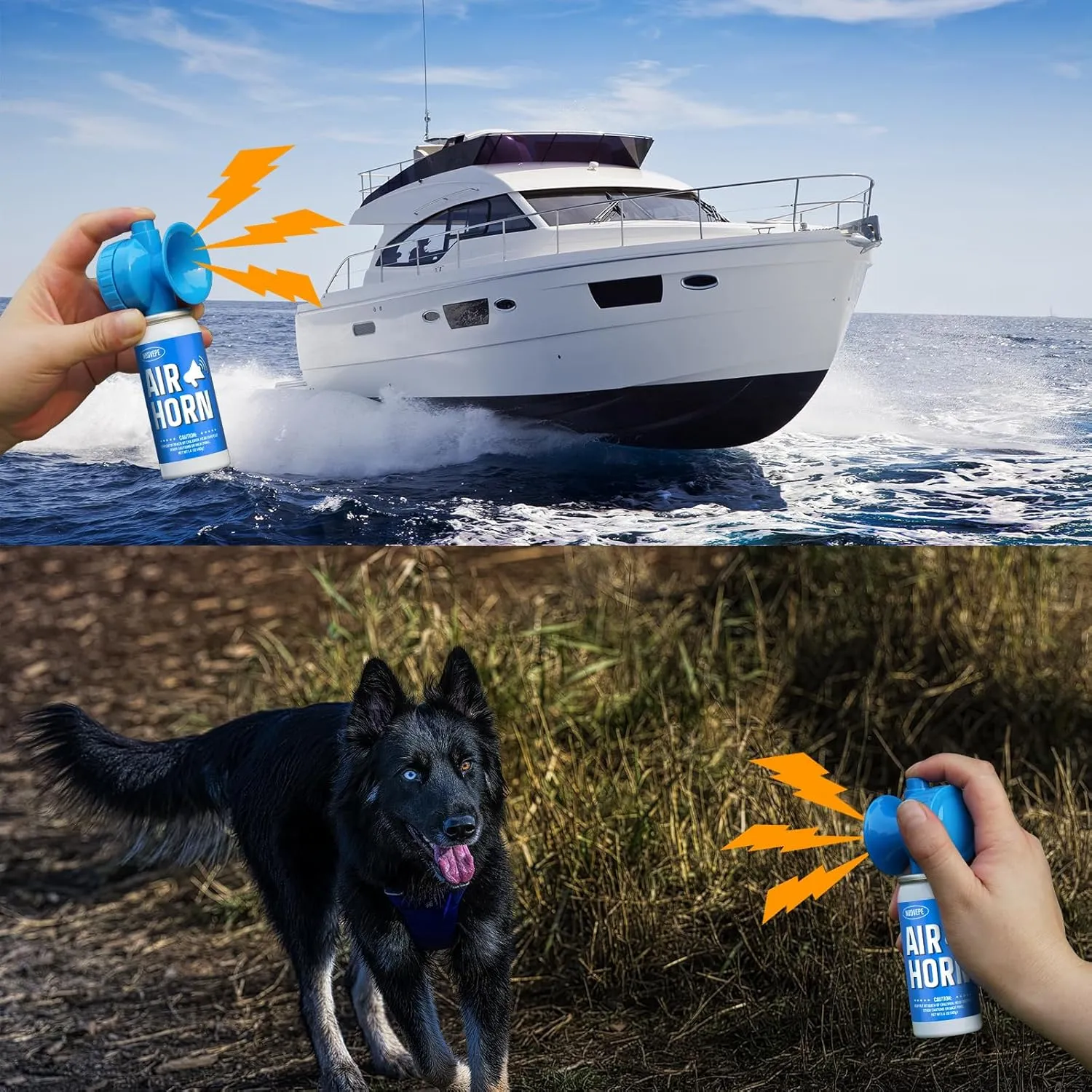 Air Horns for Safety 1.4oz, Boat Horn with Powerful Sound (120 dB) Heard from 1/2 Mile away, Bear Horn to Scare Bears (Blue, 2 Pack)
