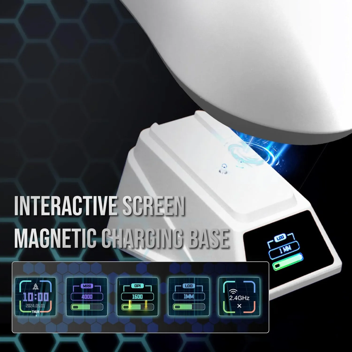 AJ159 APEX Wireless Mouse, Lightweight Gaming Mice, with Magnetic Charging Design and Display Screen, 30000 DPI, PAW3950 Sensor, BT/2.4G/Wired Connection, 400mAh Battery (White)