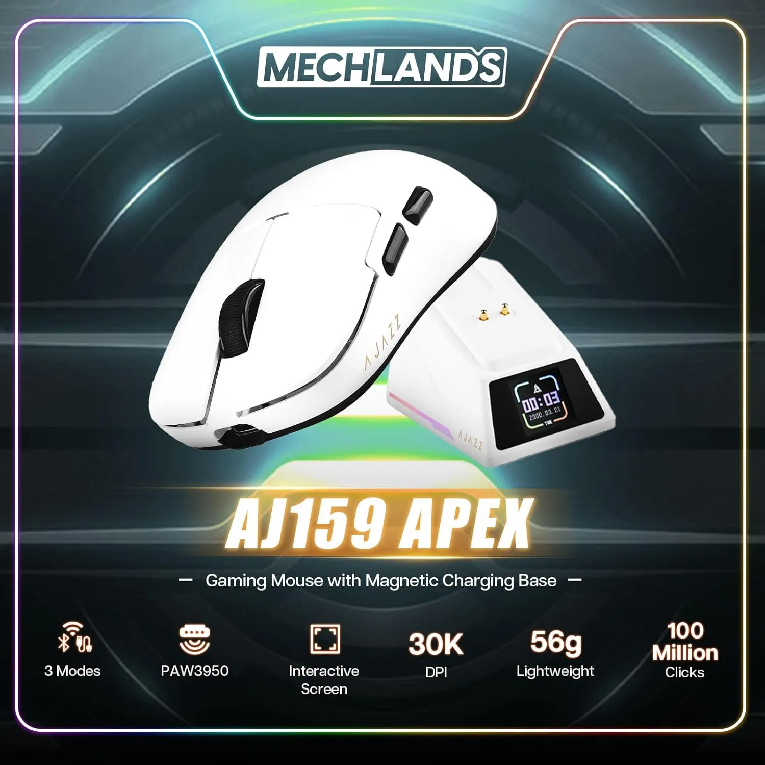 AJ159 APEX Wireless Mouse, Lightweight Gaming Mice, with Magnetic Charging Design and Display Screen, 30000 DPI, PAW3950 Sensor, BT/2.4G/Wired Connection, 400mAh Battery (White)
