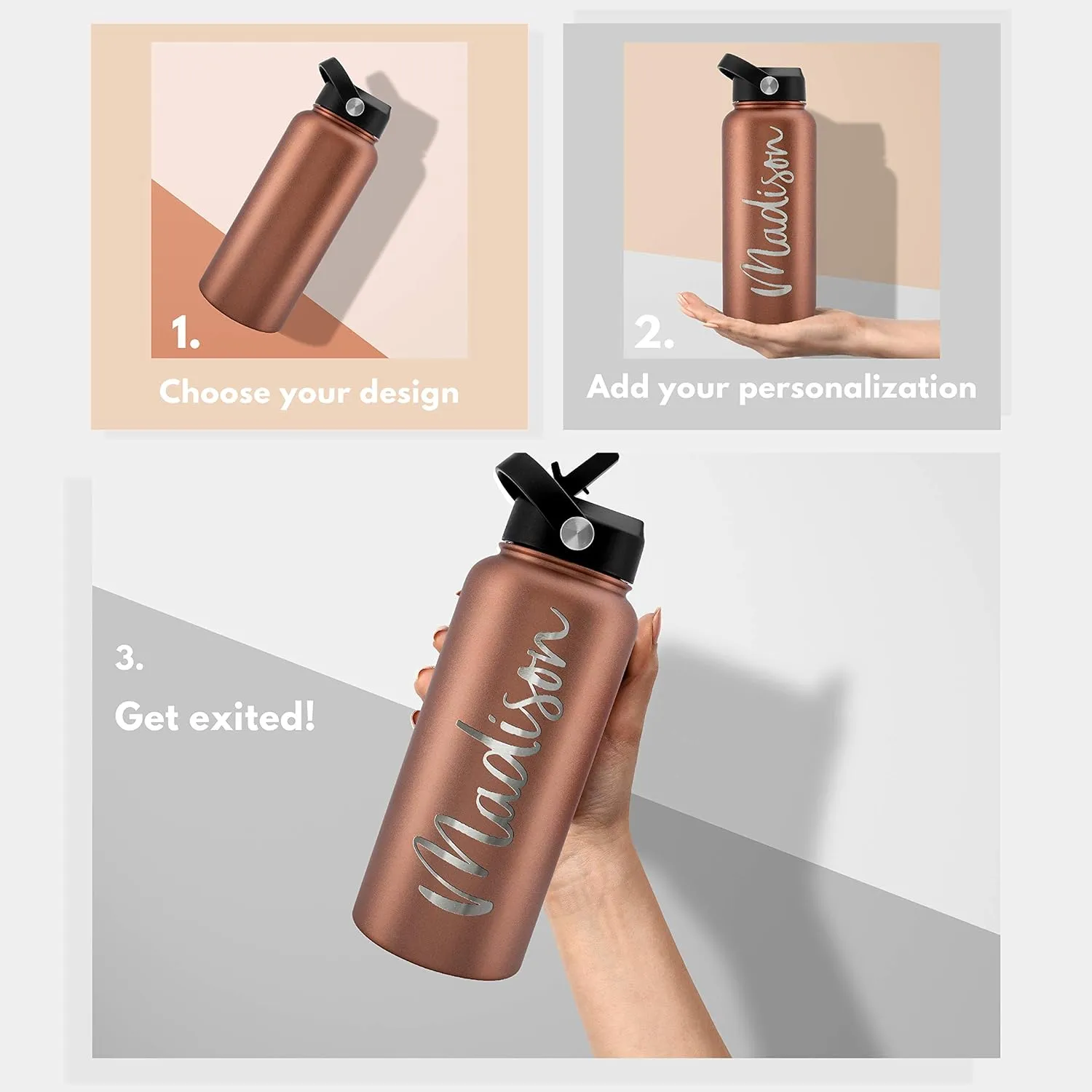 Amazing Items Personalized Water Bottle w/Straw & Lid, 24 oz - Purple | Custom Stainless Steel Sports Water Bottle w/Name and Text - Double-Wall, Vacuum Insulated - Rotating Handle