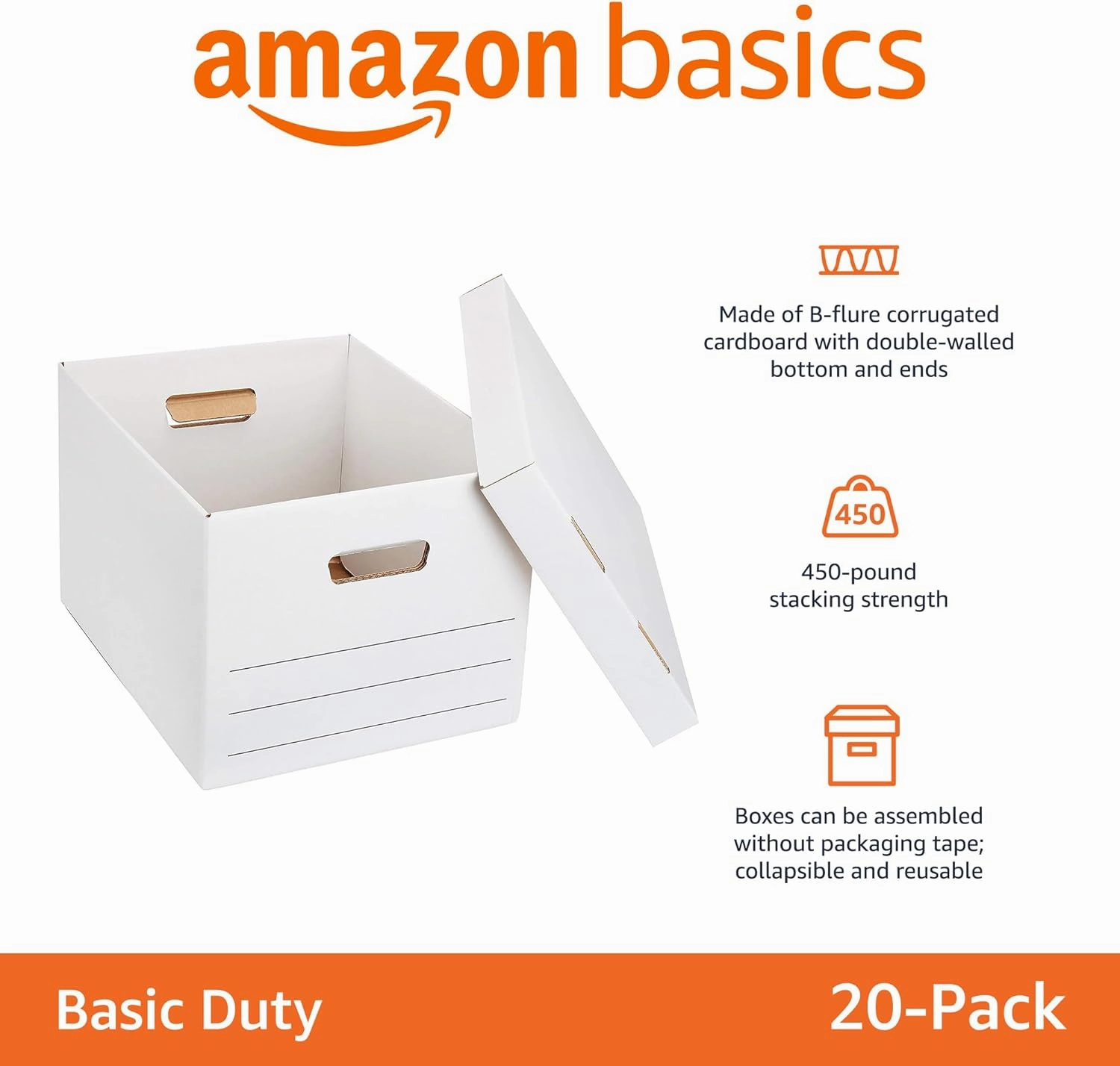 Amazon Basics Storage/Filing Boxes with Lift-Off Lid - Letter/Legal Size, Sturdy, Easy Assembly, White, 16.2" L x 12.5" W x 10.5" H, Pack of 20