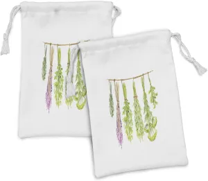 Ambesonne Herb Fabric Pouch Set of 2, Watercolor Hanged Beneficial Plants to Dry, Small Drawstring Bag for Toiletries Masks and Favors, 9" x 6", White Lime Green Lilac