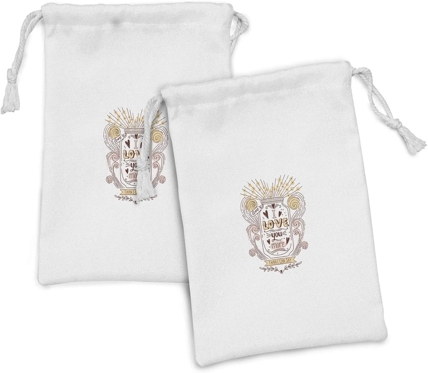 Ambesonne I Love You More Fabric Pouch Set of 2, Drawing of a Jar with Floral Swirls Valentines Day Art Inspiration, Small Drawstring Bag for Toiletries Masks and Favors, 9" x 6", Peach Blush Brown