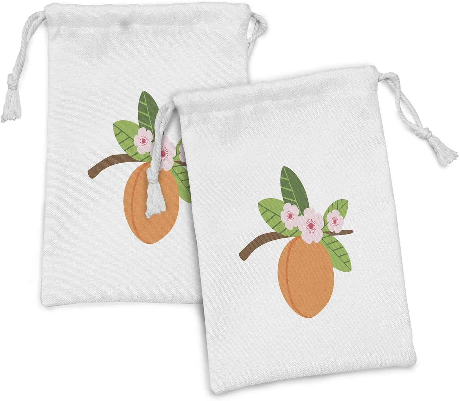Ambesonne Peach Fabric Pouch Set of 2, Cartoon of a Single Fruit with Blush Toned Spring Flowers on a Branch, Small Drawstring Bag for Toiletries Masks and Favors, 9" x 6", Apricot Olive Green