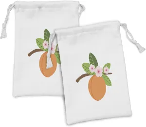 Ambesonne Peach Fabric Pouch Set of 2, Cartoon of a Single Fruit with Blush Toned Spring Flowers on a Branch, Small Drawstring Bag for Toiletries Masks and Favors, 9" x 6", Apricot Olive Green