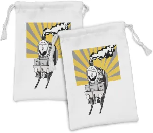 Ambesonne Railroad Fabric Pouch Set of 2, Steaming Locomotive with Sunburst Effect on the Background, Small Drawstring Bag for Toiletries Masks and Favors, 9" x 6", Yellow Grey