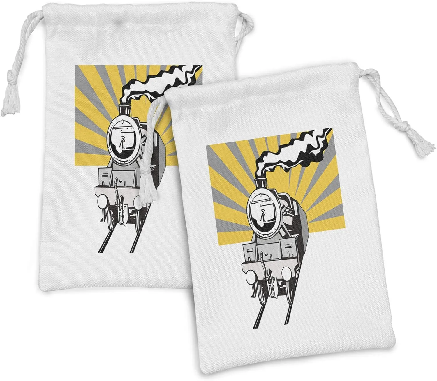 Ambesonne Railroad Fabric Pouch Set of 2, Steaming Locomotive with Sunburst Effect on the Background, Small Drawstring Bag for Toiletries Masks and Favors, 9" x 6", Yellow Grey