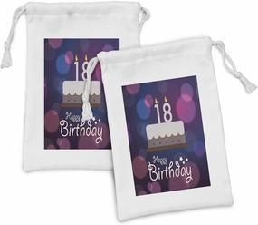 Ambesonne 18th Birthday Fabric Pouch Set of 2, Cartoon Birthday Party Cake with Candles Vibrant Abstract Backdrop, Small Drawstring Bag for Toiletries Masks and Favors, 9" x 6", Purple and Lilac