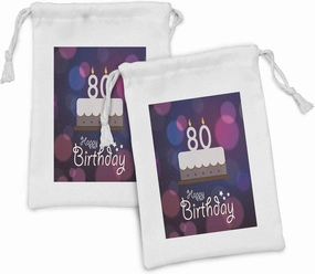 Ambesonne 80th Birthday Fabric Pouch Set of 2, Abstract Style Backdrop Party Cake and Candles Celebration Print, Small Drawstring Bag for Toiletries Masks and Favors, 9" x 6", Purple Pink and Lilac