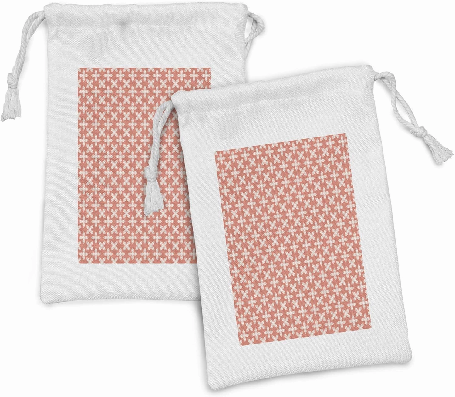 Ambesonne Abstract Fabric Pouch Set of 2, Repetitive 4 Leaf Flower Shapes in Summer Pastel Tones Blossoms Print, Small Drawstring Bag for Toiletries Masks and Favors, 9" x 6", Coral Blush and White