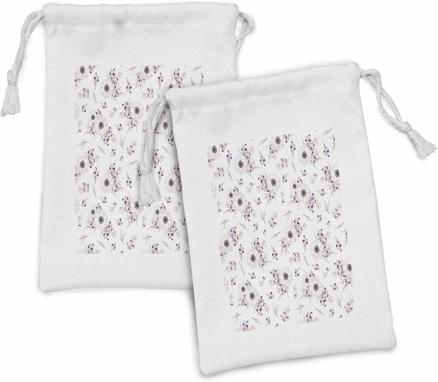 Ambesonne Anemone Flower Fabric Pouch Set of 2, Shabby Form Spring Pattern Blossoming Bridal Bouquets Romantic, Small Drawstring Bag for Toiletries Masks and Favors, 9" x 6", Pale Pink Purple Lilac