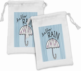Ambesonne Autumn Fabric Pouch Set of 2, Hello Rain Handwritten Message with Umbrella, Small Drawstring Bag for Toiletries Masks and Favors, 9" x 6", Pale Blue Mauve