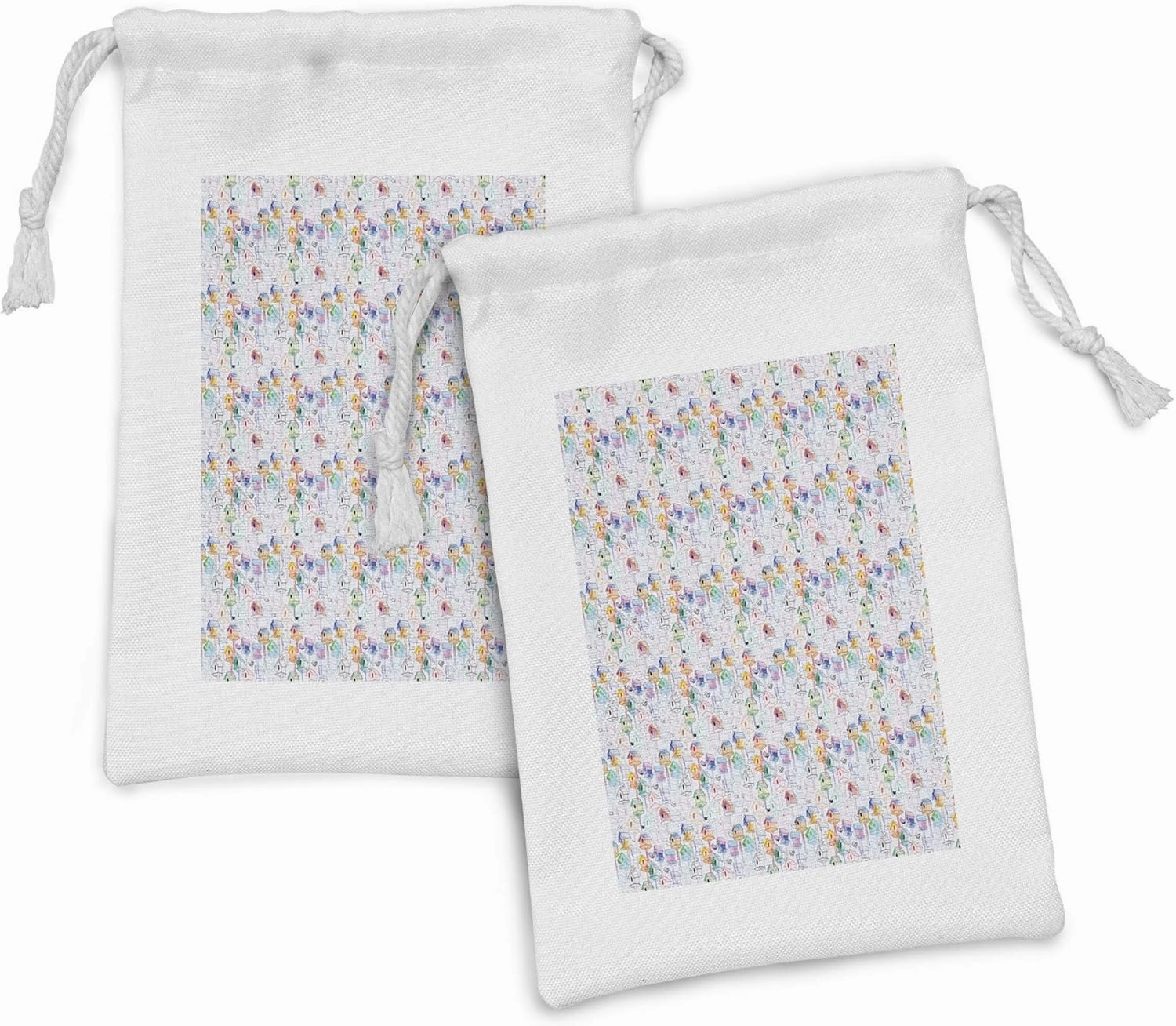 Ambesonne Birdhouse Fabric Pouch Set of 2, Colorful Sketch of Feathered Creature Nest Print Repetition, Small Drawstring Bag for Toiletries Masks and Favors, 9" x 6", Pale Mauve Multicolor