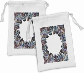 Ambesonne Boho Fabric Pouch Set of 2, Boho Circle Round Frame with Shabby Ornate Feathers Retro Gypsy Design, Small Drawstring Bag for Toiletries Masks and Favors, 9" x 6", Mauve Black Blue
