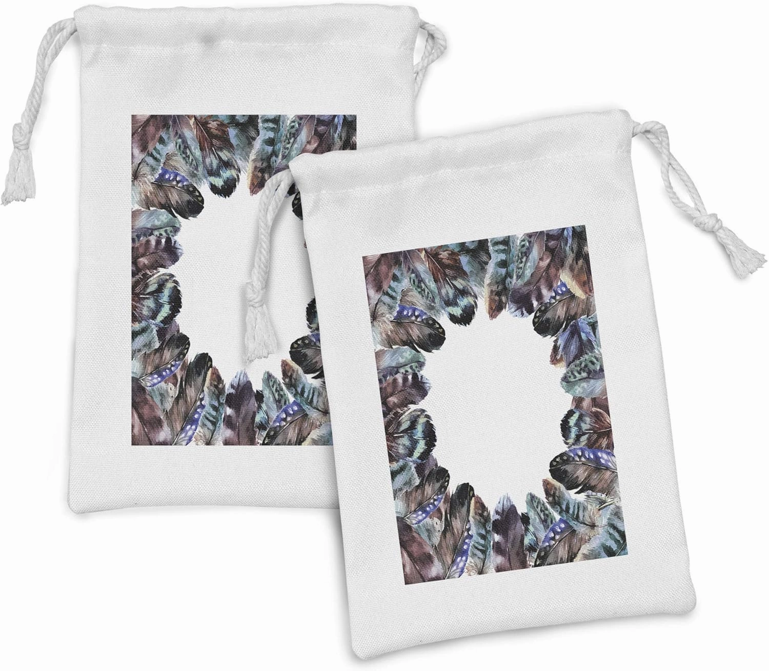 Ambesonne Boho Fabric Pouch Set of 2, Boho Circle Round Frame with Shabby Ornate Feathers Retro Gypsy Design, Small Drawstring Bag for Toiletries Masks and Favors, 9" x 6", Mauve Black Blue