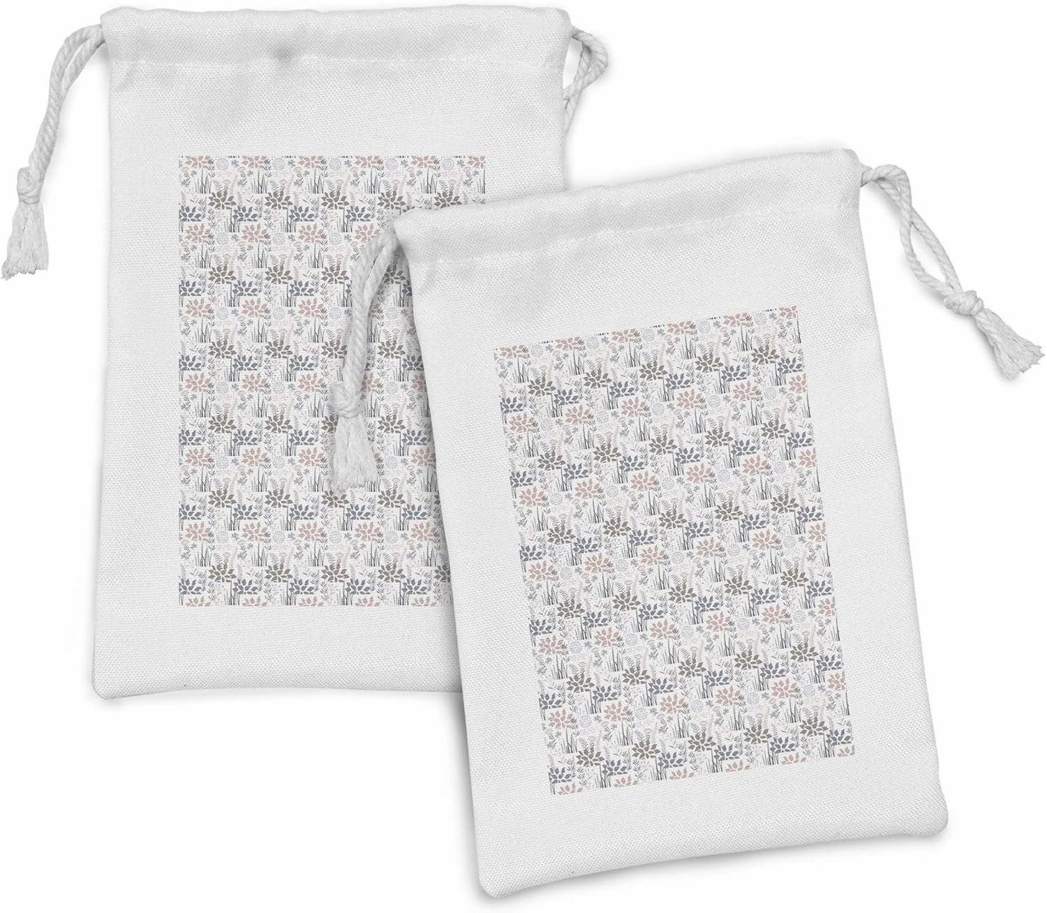 Ambesonne Botanic Fabric Pouch Set of 2, Floral Pattern of Leaves Doodle Flourishing Blossoms Bushes Herbs, Small Drawstring Bag for Toiletries Masks and Favors, 9" x 6", Mauve Taupe and Blue Grey