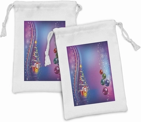 Ambesonne Christmas Fabric Pouch Set of 2, Yule Party Celebration Theme Tree Surprise Boxes Abstract Snowflakes, Small Drawstring Bag for Toiletries Masks and Favors, 9" x 6", Lilac Purple and Blue